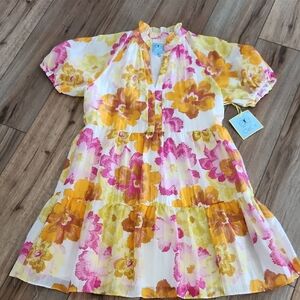 NWT CeCe Floral Cotton Midi Dress Puff Sleeves in Pink & Yellow Women Size Small